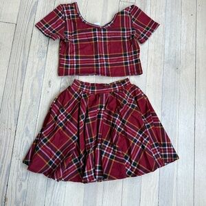 WILD RICH KIDS Girl's Burgundy Plaid Crop Top & Skirt Matching Set Size 11/12